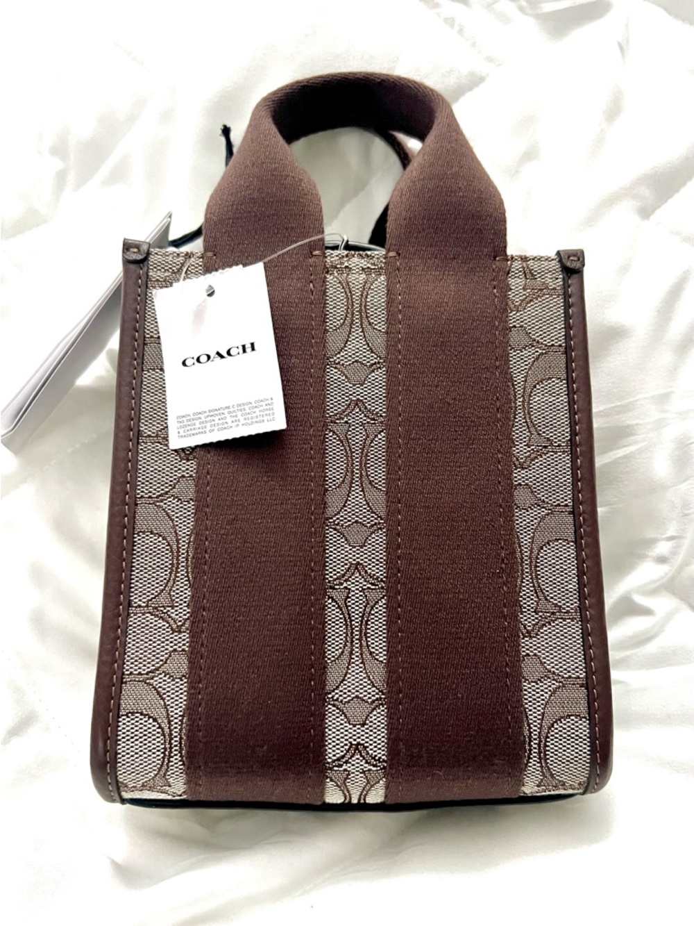 COACH Smith Mini Tote Bag In Signature Jacquard & Brown Pebbled Leather